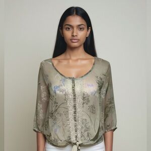 Express sheer ladies front tie blouse button down long sleeve Medium